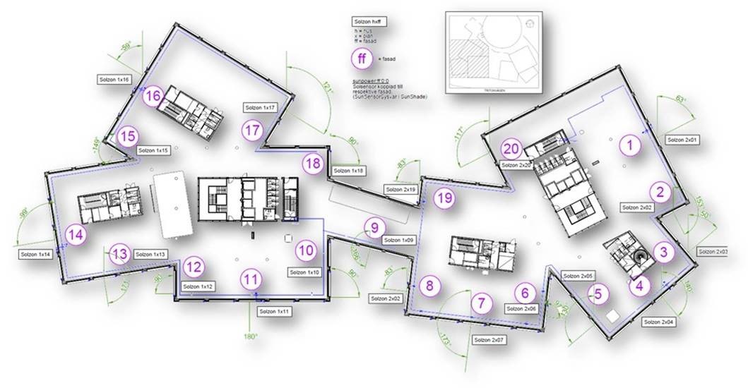 En skiss över Grow kontor som visar den tekniska utmaningen med solzoner. Bild: Lindinvent